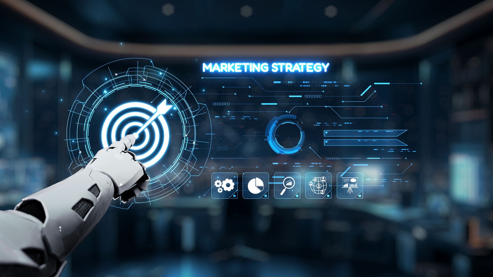 Futuristic Robot Hand Interacting with Digital Marketing Strategy Dashboard Representing Data Analysis and Visualization Techniques in Business. Auvana